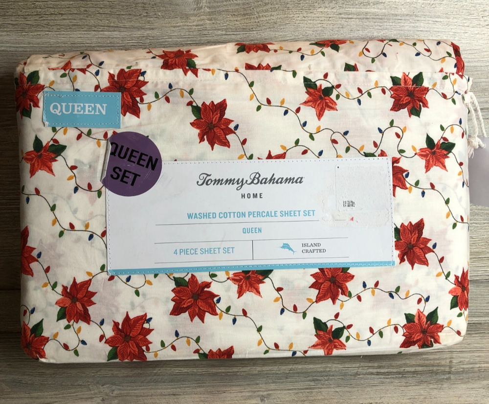 Tommy Bahama NWT 4 Piece Washed Cotton Christmas Poinsettia Sheet Set Queen